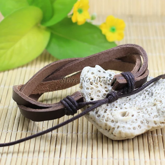 SF15-Handmade модные коричневые wrap Многослойная натуральная кожа браслет с веревкой