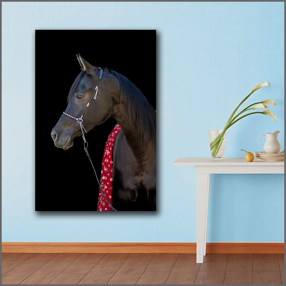 Большой размер печать портрет Черная лошадь седло Красивая стена искусство