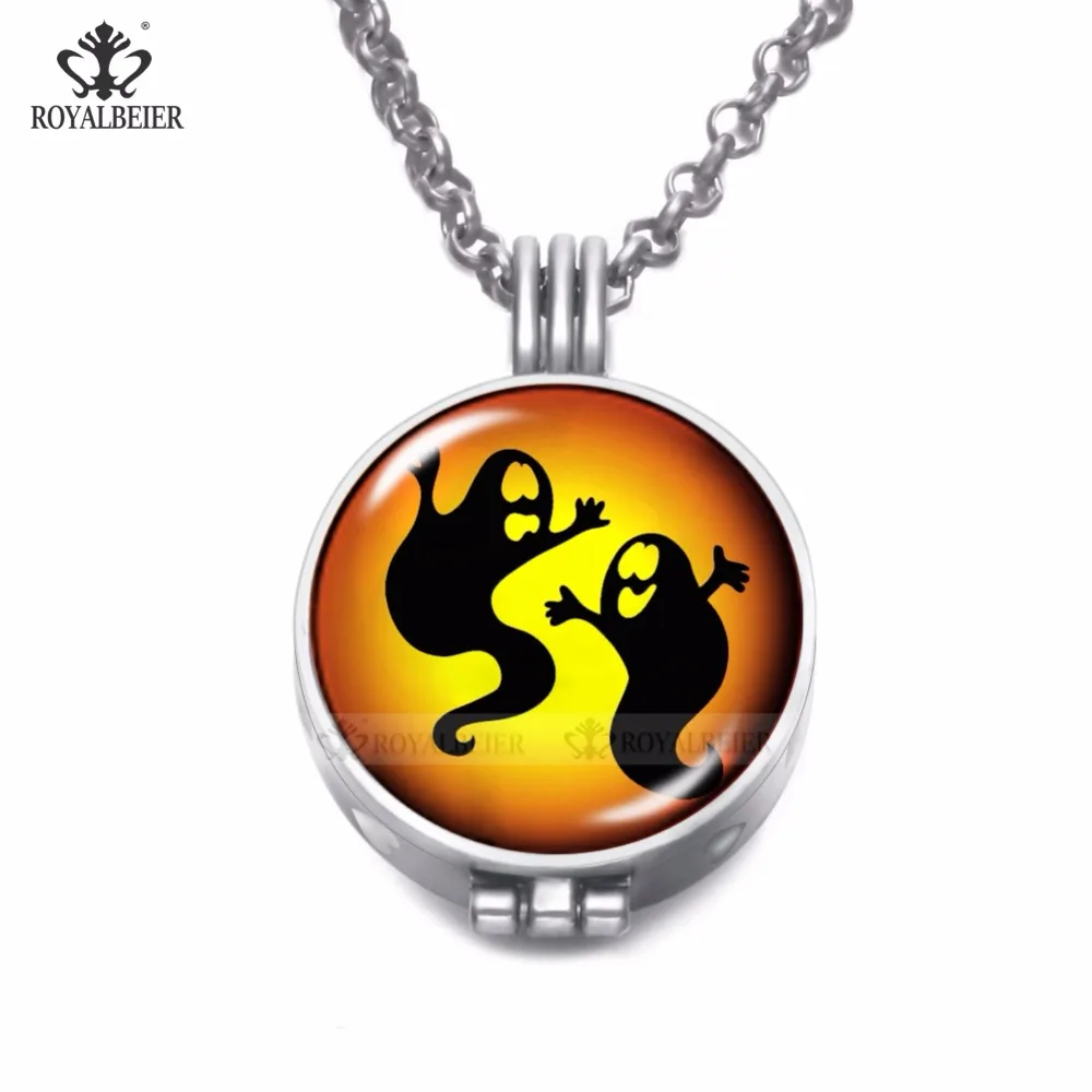 

10pcs Ghost Pattern Halloween Theme Perfume Aroma Essential Oil Diffusion Pendant Necklace 25mm Glass Charm Chain 80cm DZ1826h