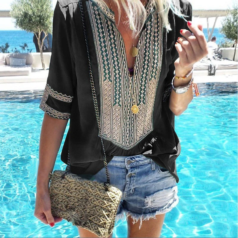 Женские топы летние винтажные Ретро с v-образным вырезом принтом Популярные Boho