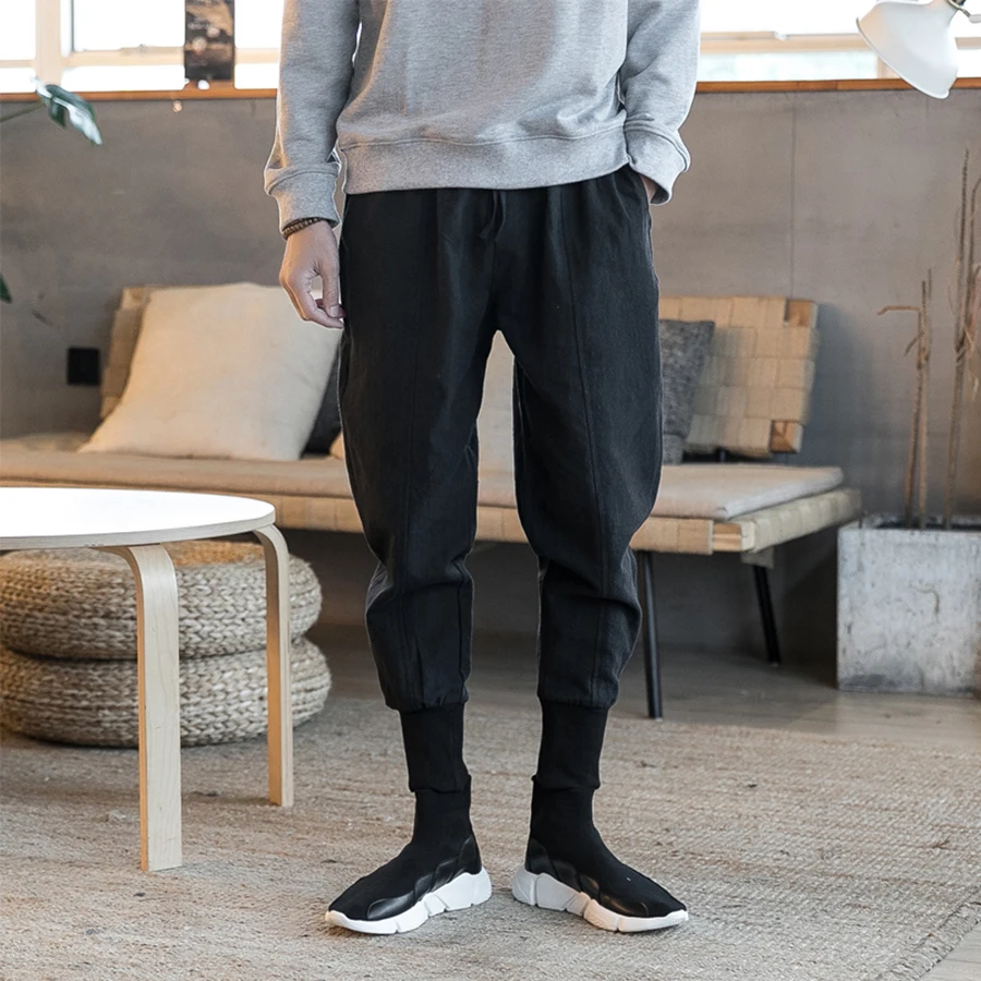 Хлопковые и льняные спортивные брюки для мужчин полосатые свободные мужские