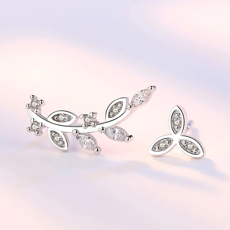 

100% 925 sterling silver fashion Asymmetrical leaf earring ladies crystal stud earrings jewelry Anti allergy no fade