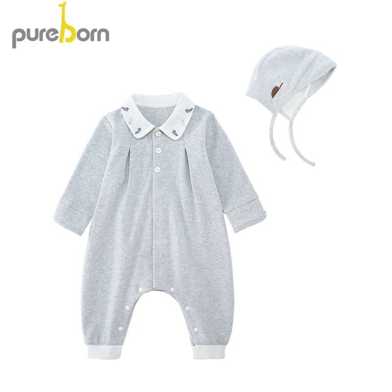 Pureborn Детские ползунки + шляпа для маленьких девочек мальчиков комбинезон