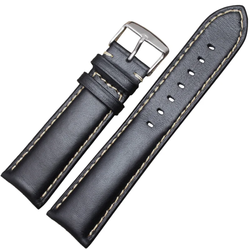 Black silver buckle Ремешок для часов ручной работы из натуральной кожи 18, 19, 20, 21, 22, 24 мм, черный, темно-коричневый винтажный браслет на запястье, стальная пряжка - Цвет ремешка: Black silver buckle