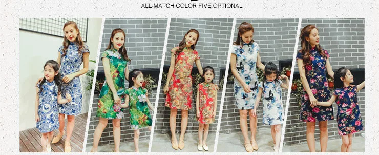 Летнее платье из хлопка для девочек Cheongsam дети Для женщин Платье с цветочным принтом качество платья для мам и дочек Семейные комплекты