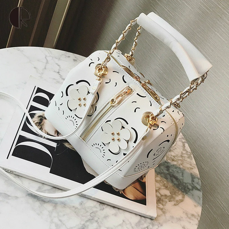 

High Quality Women Hollow Out Flowers Handbag PU Leather Ladies Appliques Shoulder Bag Women's Boston Handbags Vintage Style