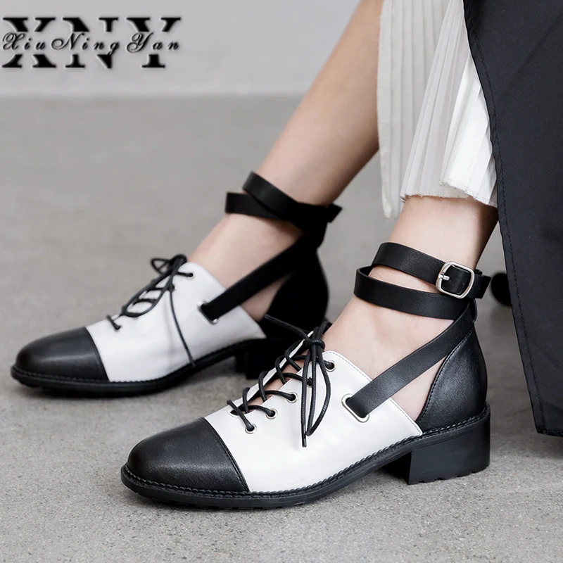 

XIUNINGYAN Women's Pumps Autumn Round Toe Shallow Lace Up Female Dress Pumps Square Heels All Genuine Leather Ladies Shoes 2019