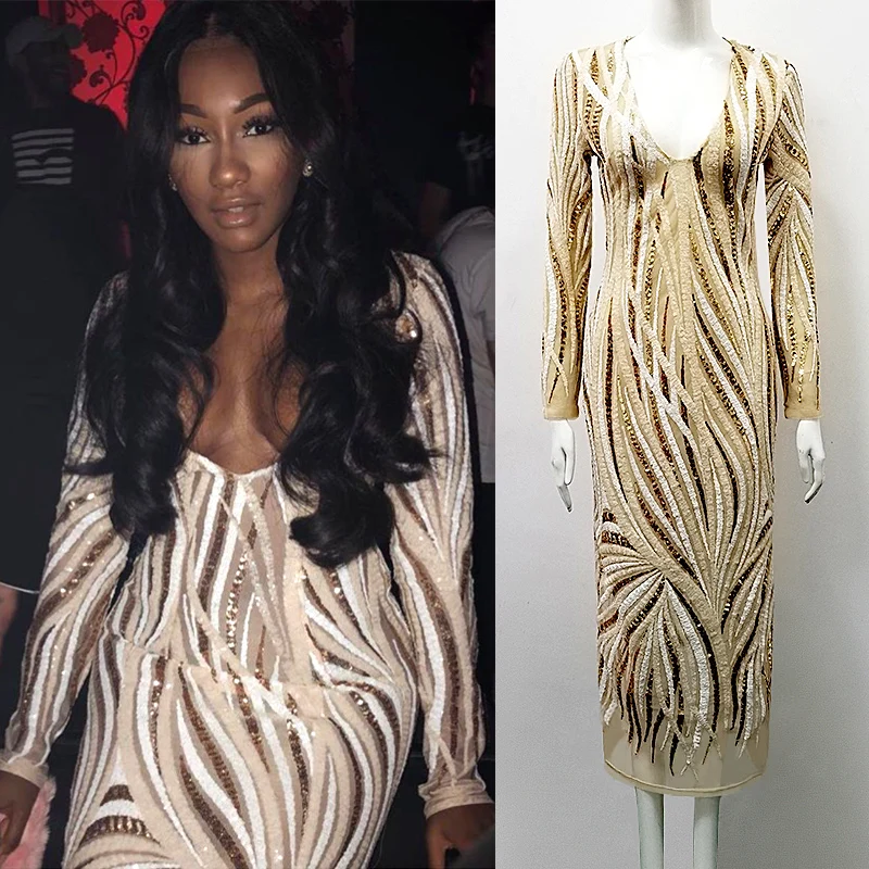 Black Gold Color Ladies Long Sleeve Sexy Bodycon Mid-claf Dress Celebrity Fashion Red Carpet | Женская одежда