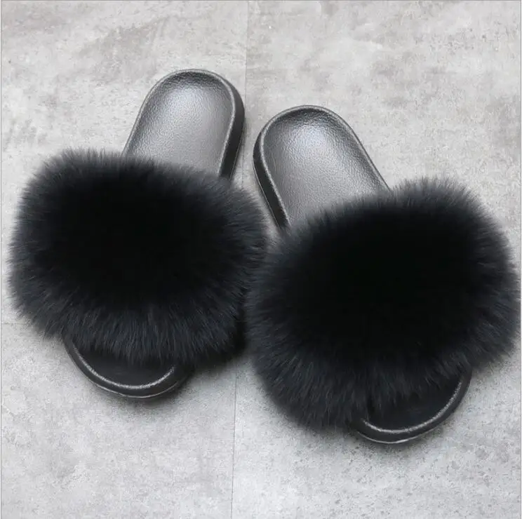 black ZDFURS/; модные шлепанцы с лисьим мехом; шлепанцы без задника с натуральным мехом; Летние вьетнамки; повседневные Модные босоножки с лисьим мехом; модная плюшевая обувь; - Цвет: black