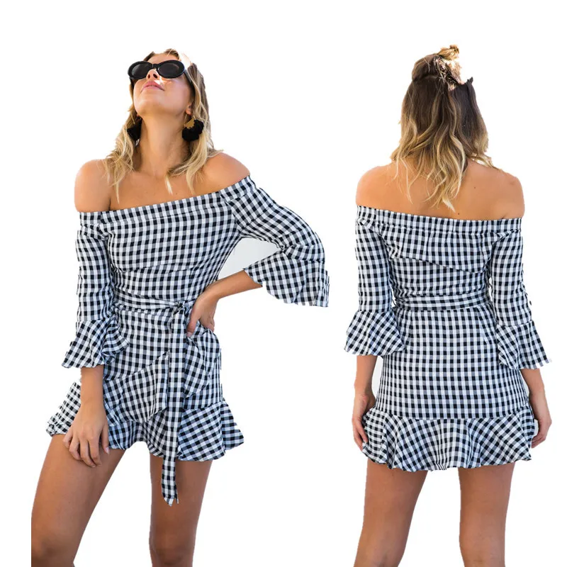 2017 высокое качество пикантные плед мини пляжное платье женские с плеча Новая