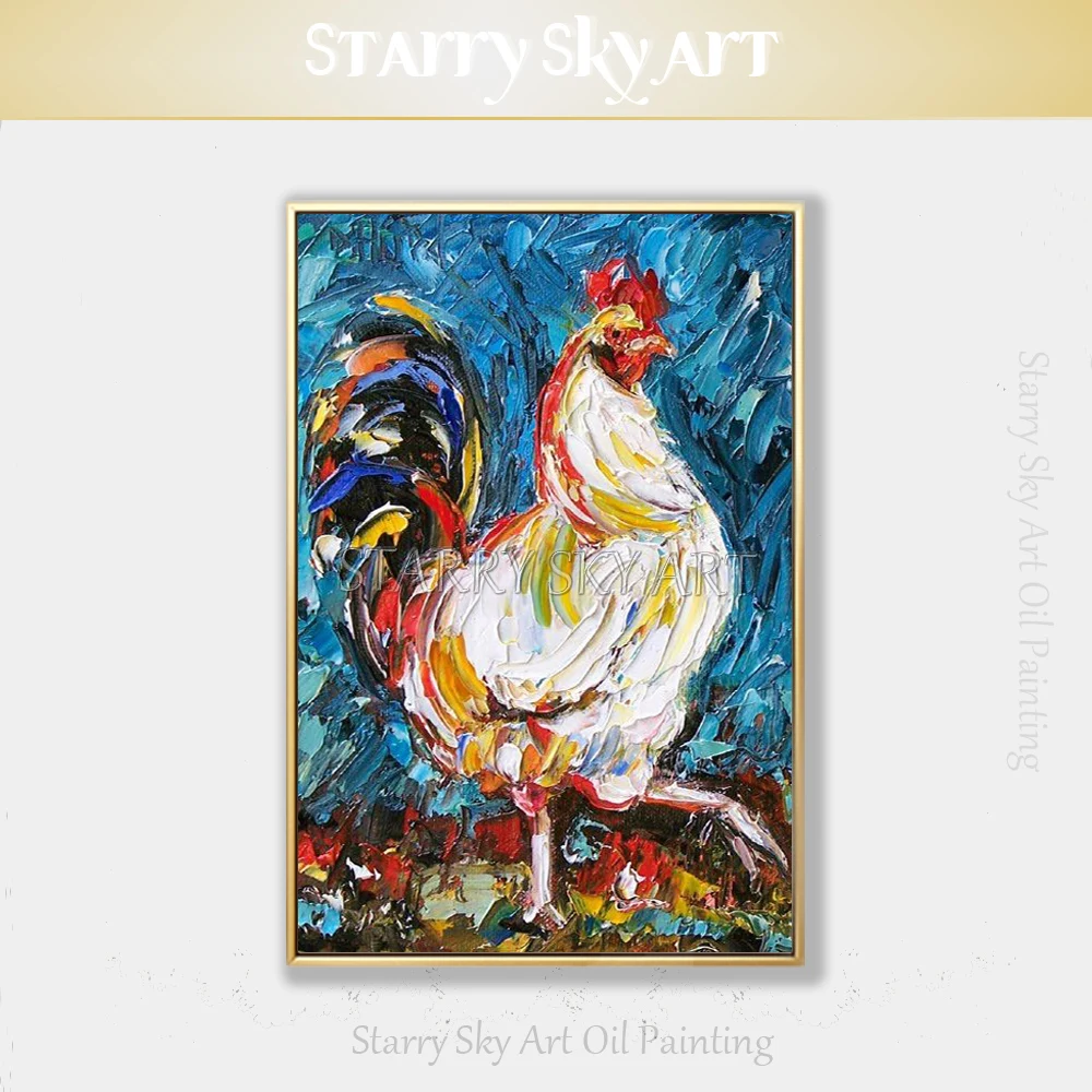 

Artist Hand-painted High Quality Contemporary Knife Painting Chick Oil Painting on Canvas Palette Knife Rooster Acrylic Painting