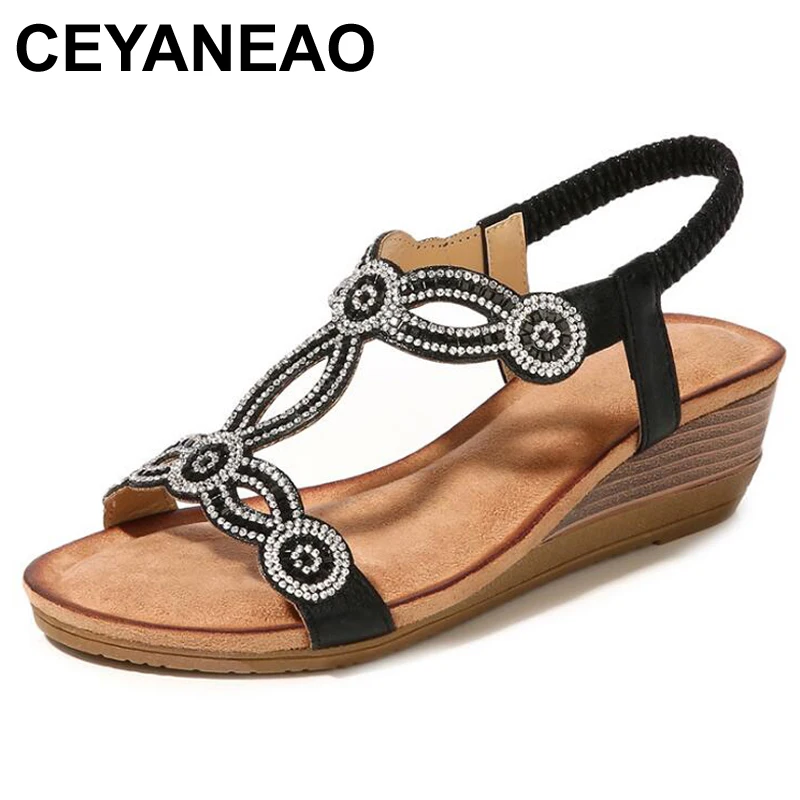 

CEYANEAO 2019 новые богемные босоножки на танкетке с Стразы; Женские модные сандалии; Большие размеры; Европейские размеры 35-43