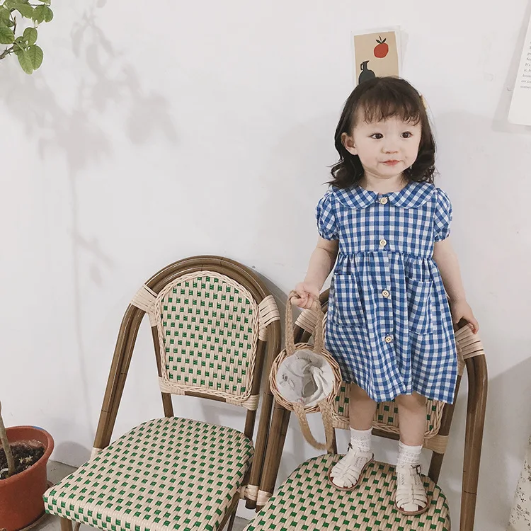 Summer 2018 Korean style baby girls fashion plaid dresses 1-4 years all-match doll collar short sleeve dress | Детская одежда и