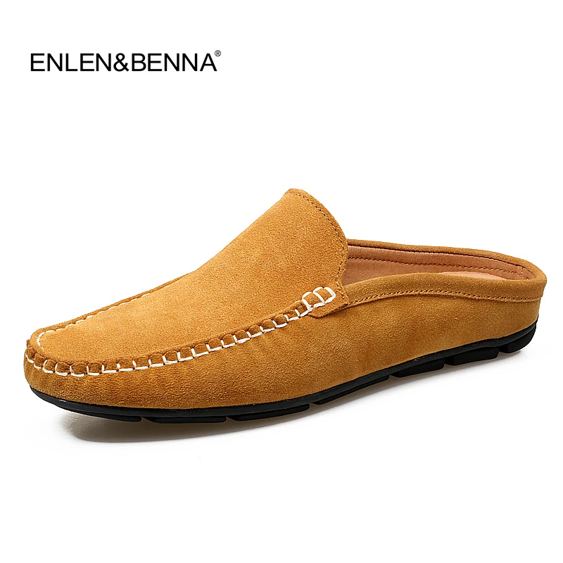 

Half Slipper Men 2018 Summer British Fashion Man Suede Leather Shoes Slip on Designer Flat Loafers Lazy Casual Leather Sandals