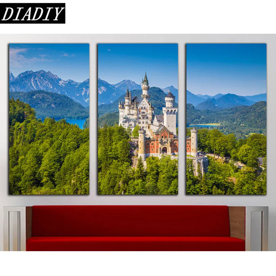 Круглая Алмазная вышивка сделай сам Триптих Европейский замок украшение для