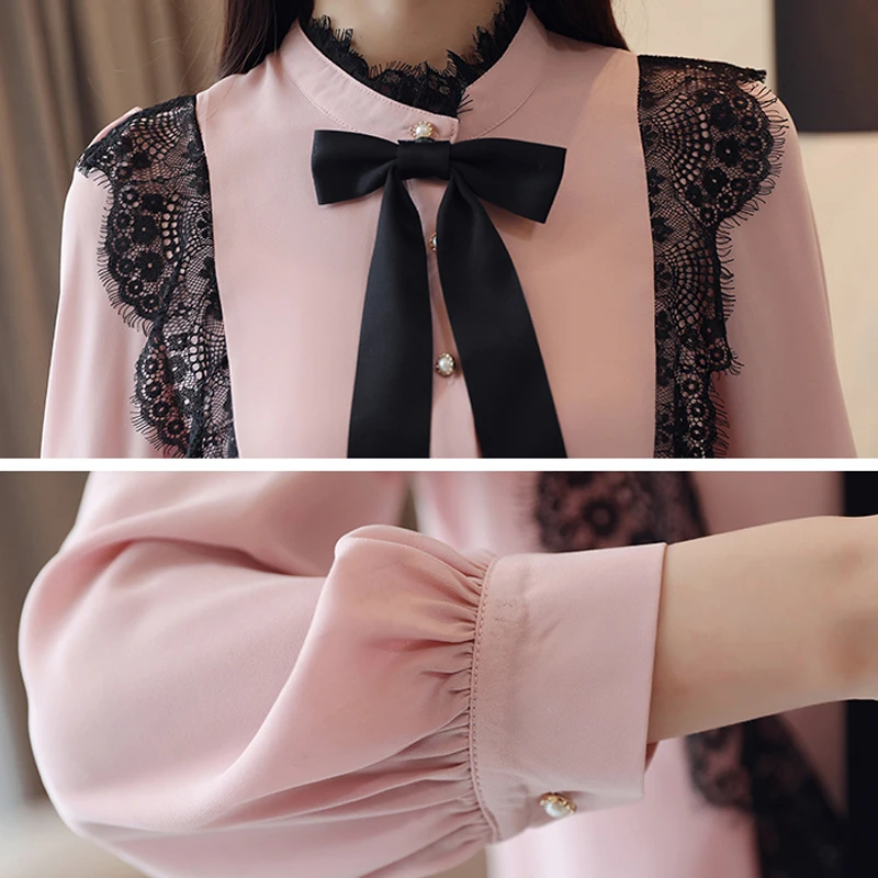 Elegant Chiffon Tops And Blouses 2018 Autumn Blouse Women Long Sleeve Stand Collar Patchwork Lace Pink Ladies With Bow Tie |