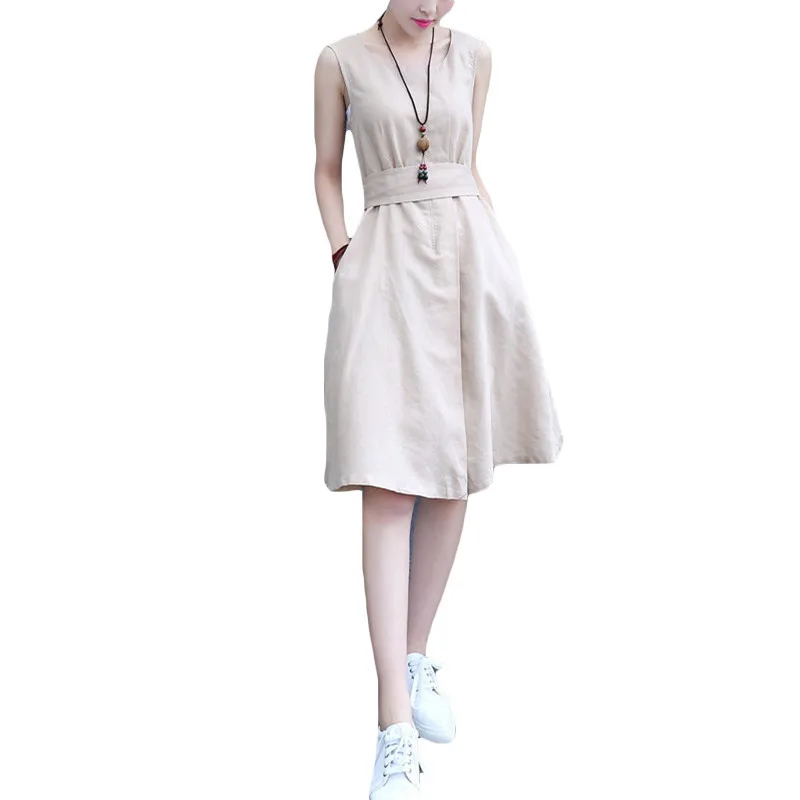 Женское винтажное офисное платье летнее платье-туника из хлопка и льна сарафан