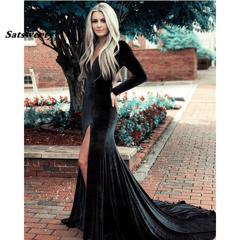 Long Sleeves Velvet Mermaid Prom Dresses V Neck High Split Royal Blue Open Back Sexy Women Elegant Evening Party Gowns | Свадьбы и