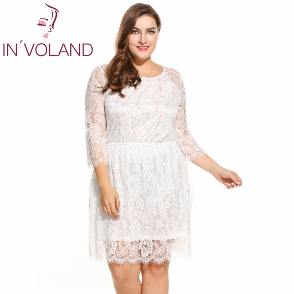 IN'VOLAND Women Lace Dress Plus Size 4XL Vintage Spring Autumn Long Sleeve Solid O Neck Party Dresses Feminino Vestidos | Женская
