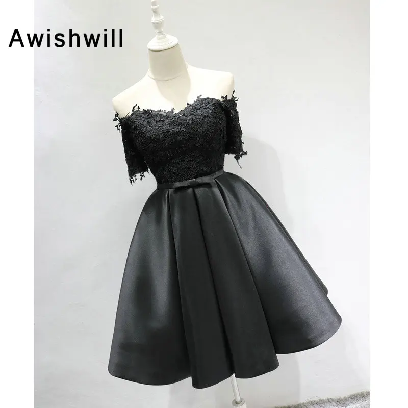 Реальные фото с плеча кружева атласные черные коктейльные платья коротким