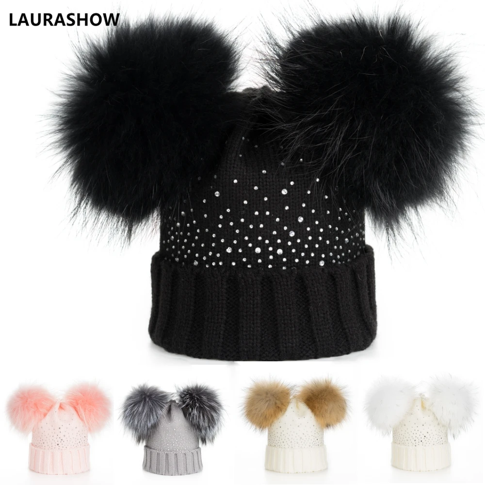 

LAURASHOW Winter Baby Real Mink Fur Ball Beanie Thick Knit Hat Kids Warm Raccoon Fur Pom Poms Skullies Beanies Wool Cap