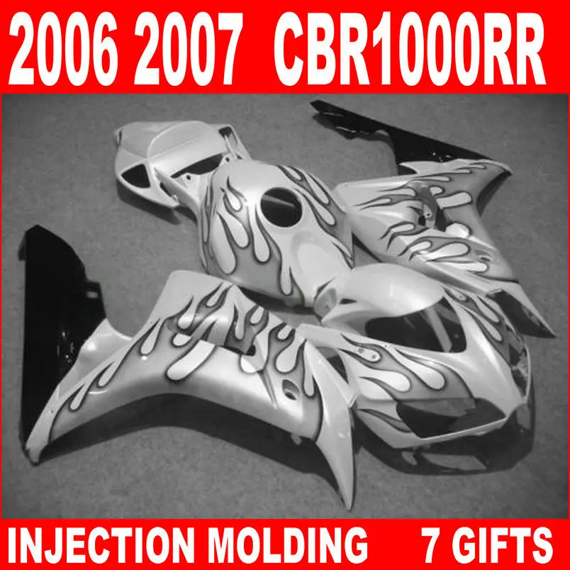 

7 Gifts bodywork parts for HONDA cbr 1000rr fairings white with black flames cbr 1000 rr fairing kit 06 07 CBR1000RR JH76