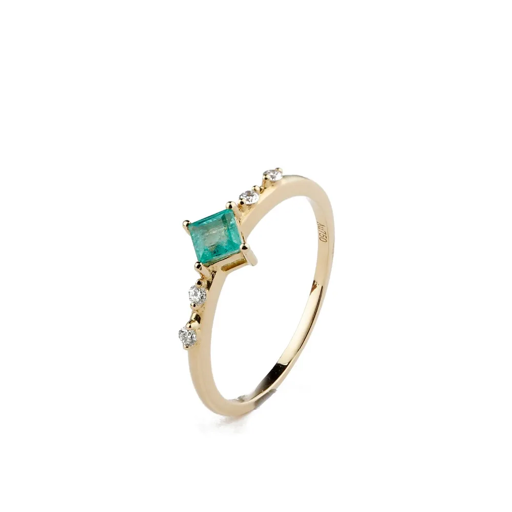 

LASAMERO Square Shape 0.23CT Natural Emerald Gemstone Diamond Accents Romantic 18k Yellow Gold Vintage Wedding Engagement Ring