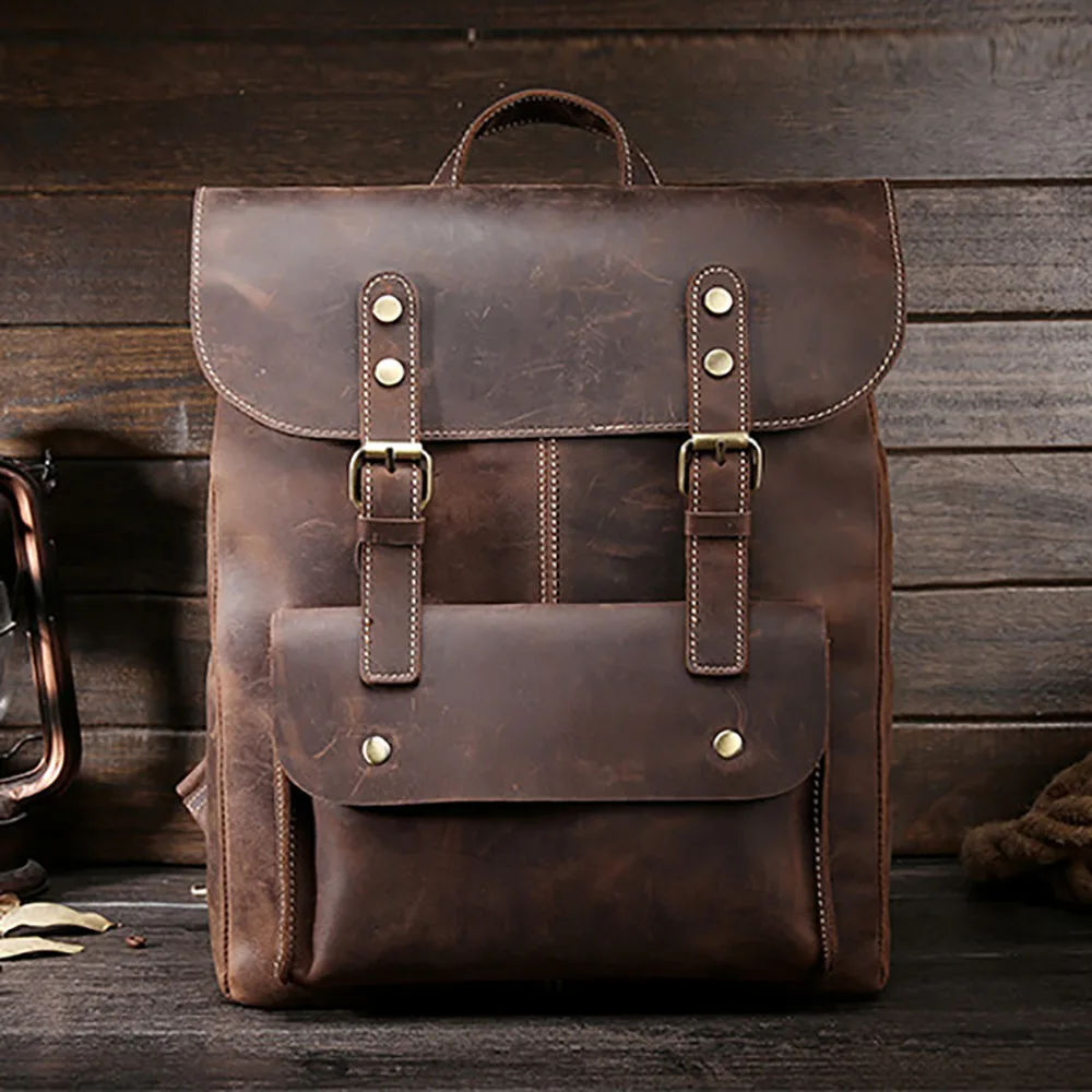 

High Quality Crazy Horse Cowhide Men Rucksack Vintage Daypack School Book Bags Travel Laptop Knapsack Genuine Leather Backpack