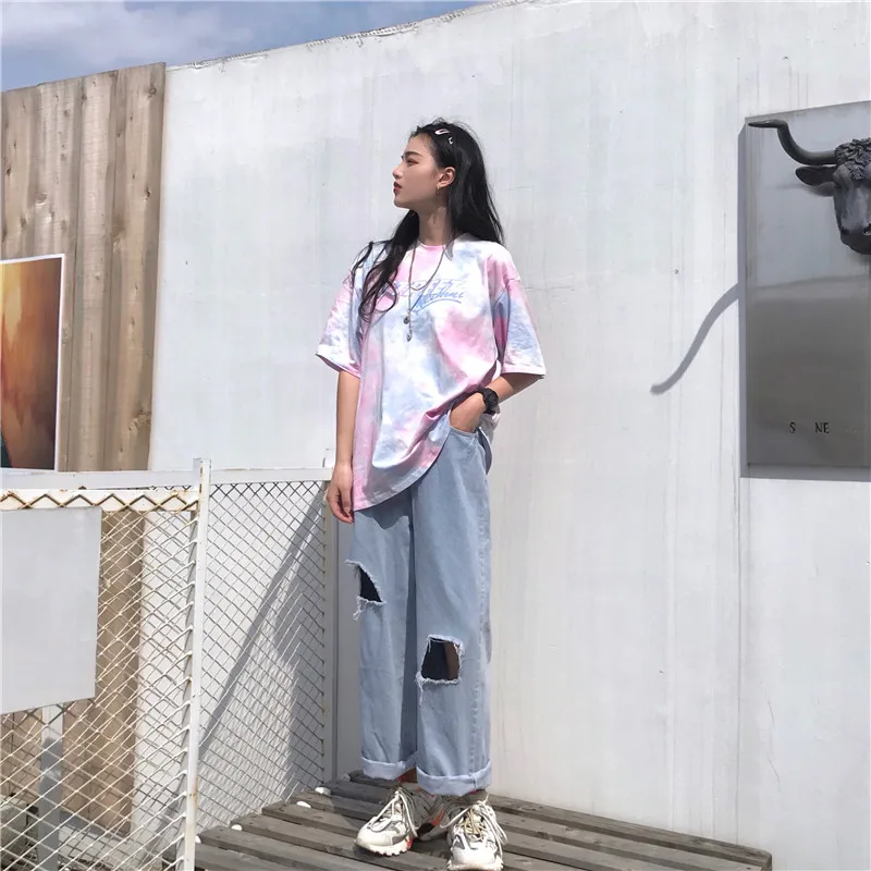 Tie Dye Gradient, большие размеры, свободные, более размера, модные, Harajuku, Женские топы с буквенным принтом, хип-хоп, короткий рукав, повседневная парная футболка