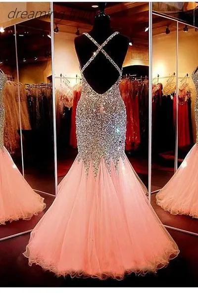 Роскошные персик Русалка платья для выпускного вечера 2019 с Bling Кристалл