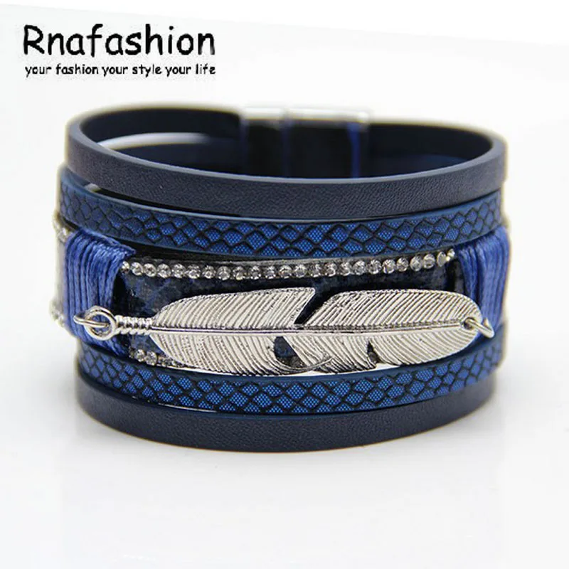 RNAFASHION модный сплав перья листья широкий Магнитный кожаный браслет Многослойные