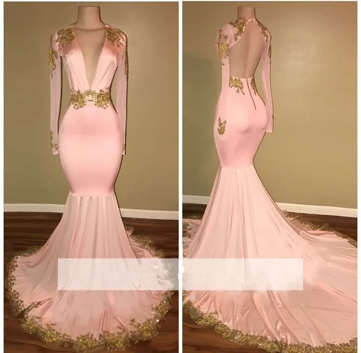 

Pink Prom Dresses Mermaid Deep V-neck Appliques Lace Backless Party Maxys Long Prom Gown Evening Dresses Robe De Soiree