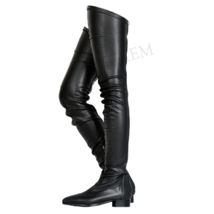 LGZ393 Black LAIGZEM/женские ботинки; сезон весна-лето высокие сапоги до бедра женская обувь из искусственной кожи на низком массивном каблуке Botines Mujer; большие размеры 34-47 - Цвет: LGZ393 Black