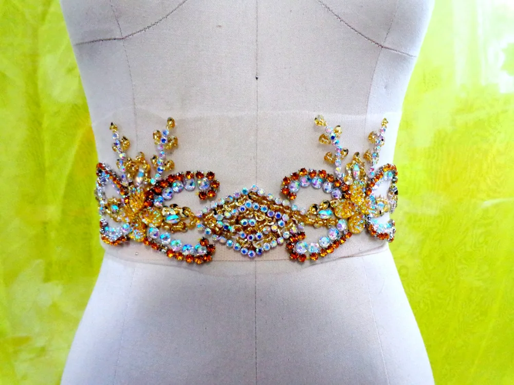 Патчи с кристаллами ручной работы A185 золотого/прозрачного цвета пришивные