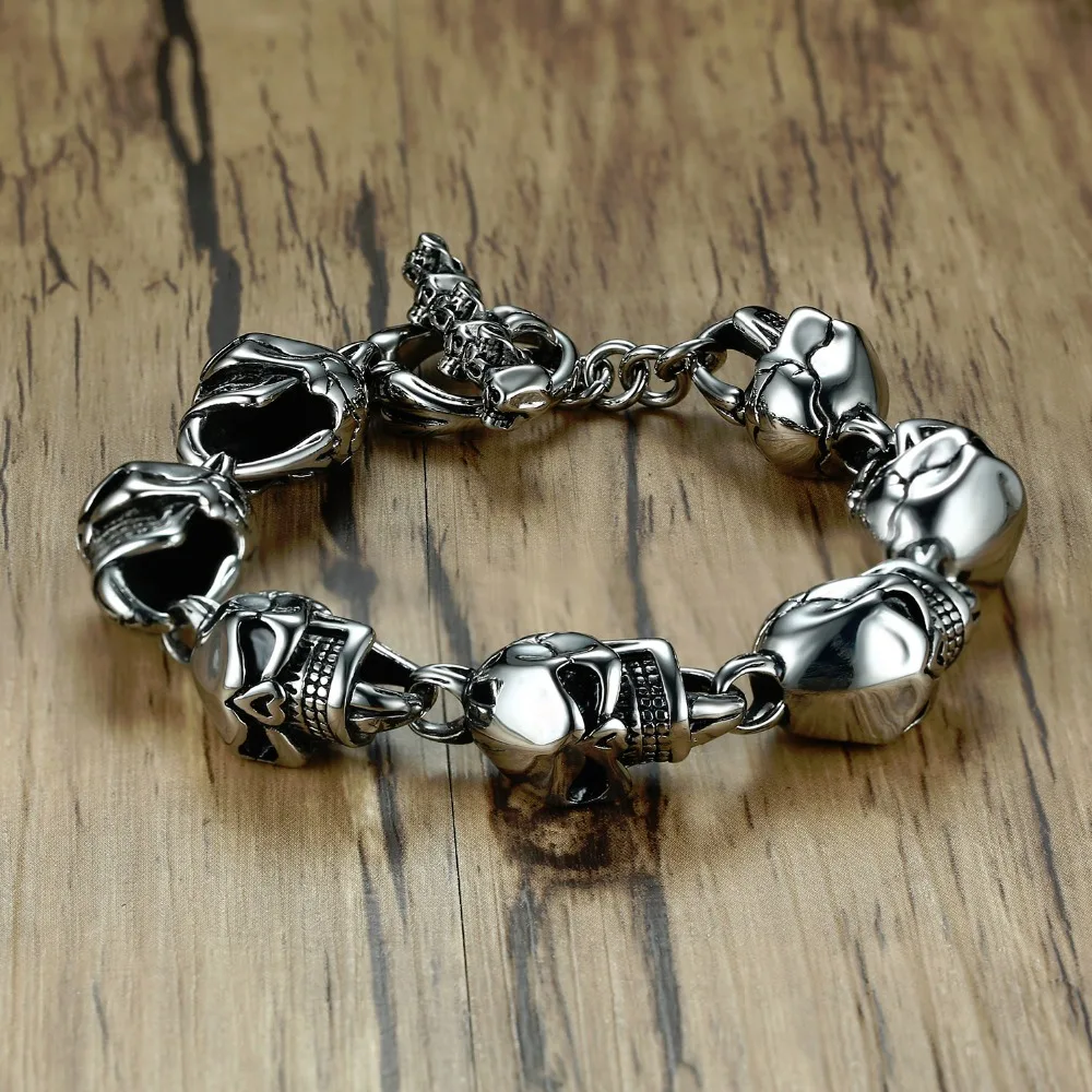 

Men Skull Bracelets Stainless Steel Skulls Head Chain Bangle Bracelet Gothic Punk Biker Jewelry Color pulseira calavera