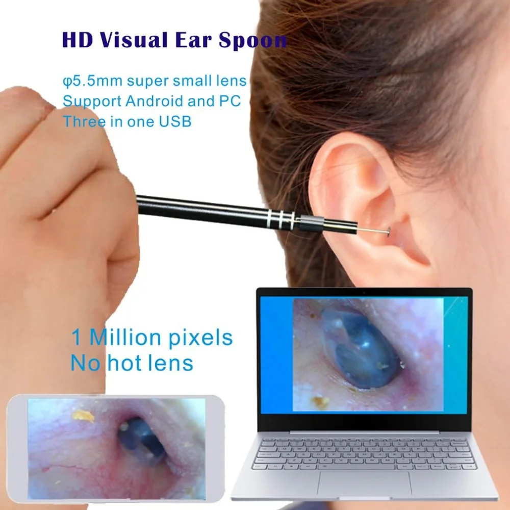 2 In 1 Multifunctional USB Ear Cleaning Tool HD Visual Spoon Earpick With Mini Camera Care Tools | Красота и здоровье