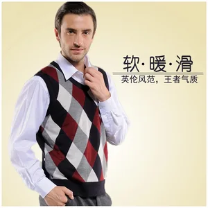 Высококачественный мужской модный свитер без рукавов с узором ромбиками, Мужской Повседневный шерстяной жилет контрастных цветов с V-образным вырезом и клетчатым узором