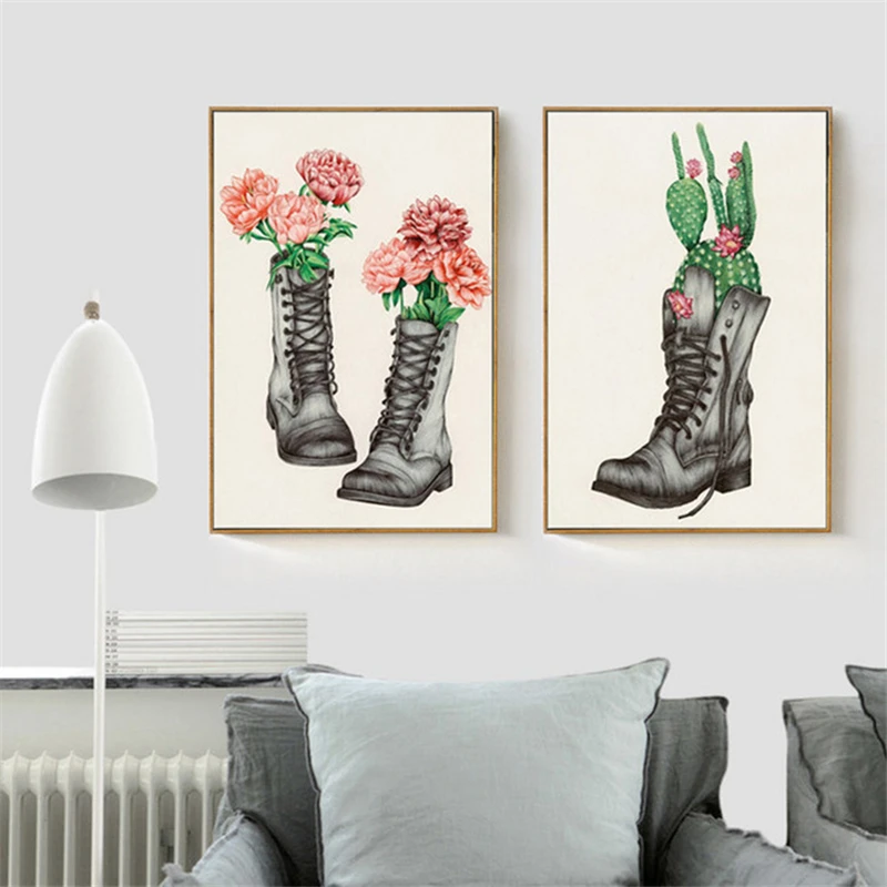 Цветок HAOCHU живет в обуви абстрактная зеленая растительная Печать на холсте