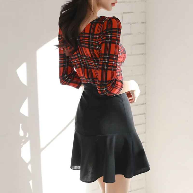 

Plus Size Plaid A-line Dress Summer Women Red Three Quarter Sleeve O-neck Vintage Casual Mini Dress Party Club Dresses Vestidos