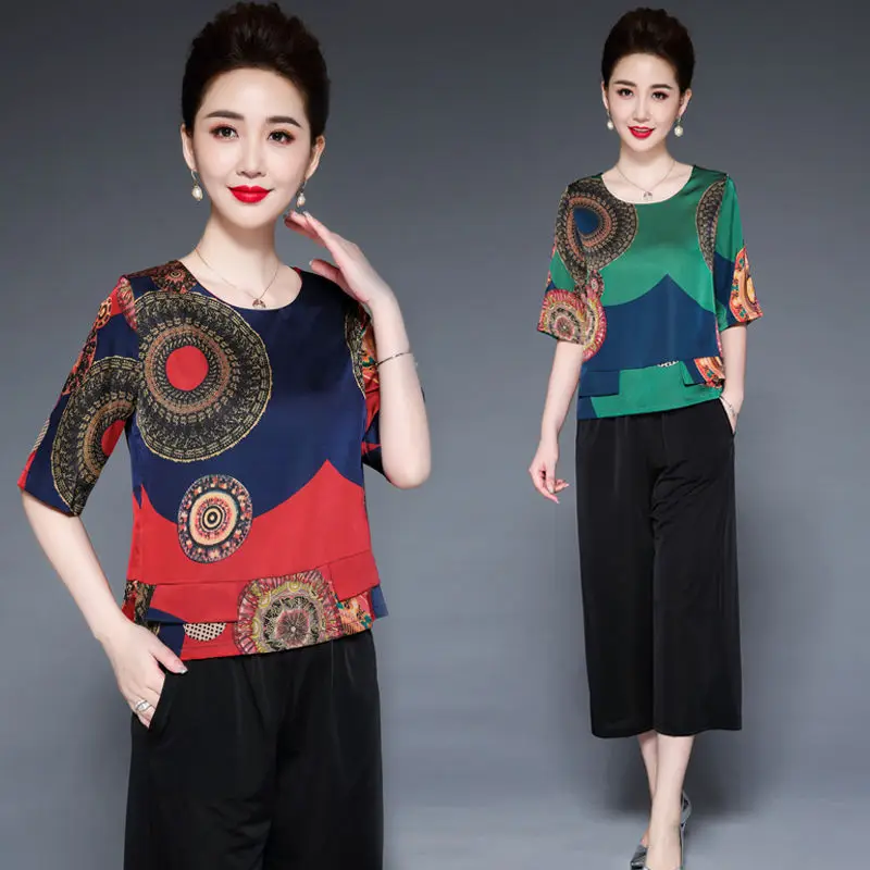 

Two pieces women sets high imitation silk women T shirts and pants women vintage clothing print tops and black pants summer sets