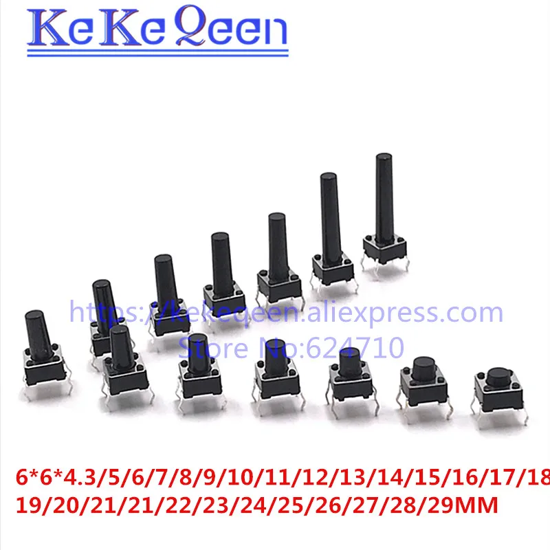 

Тактильная Кнопка Tact, 50 шт., 6*6*4,3/5/6/7/8/9/10/11/12/13/14/15/16/17/18/19/20/21/21-29 мм 6х6 DIP-4