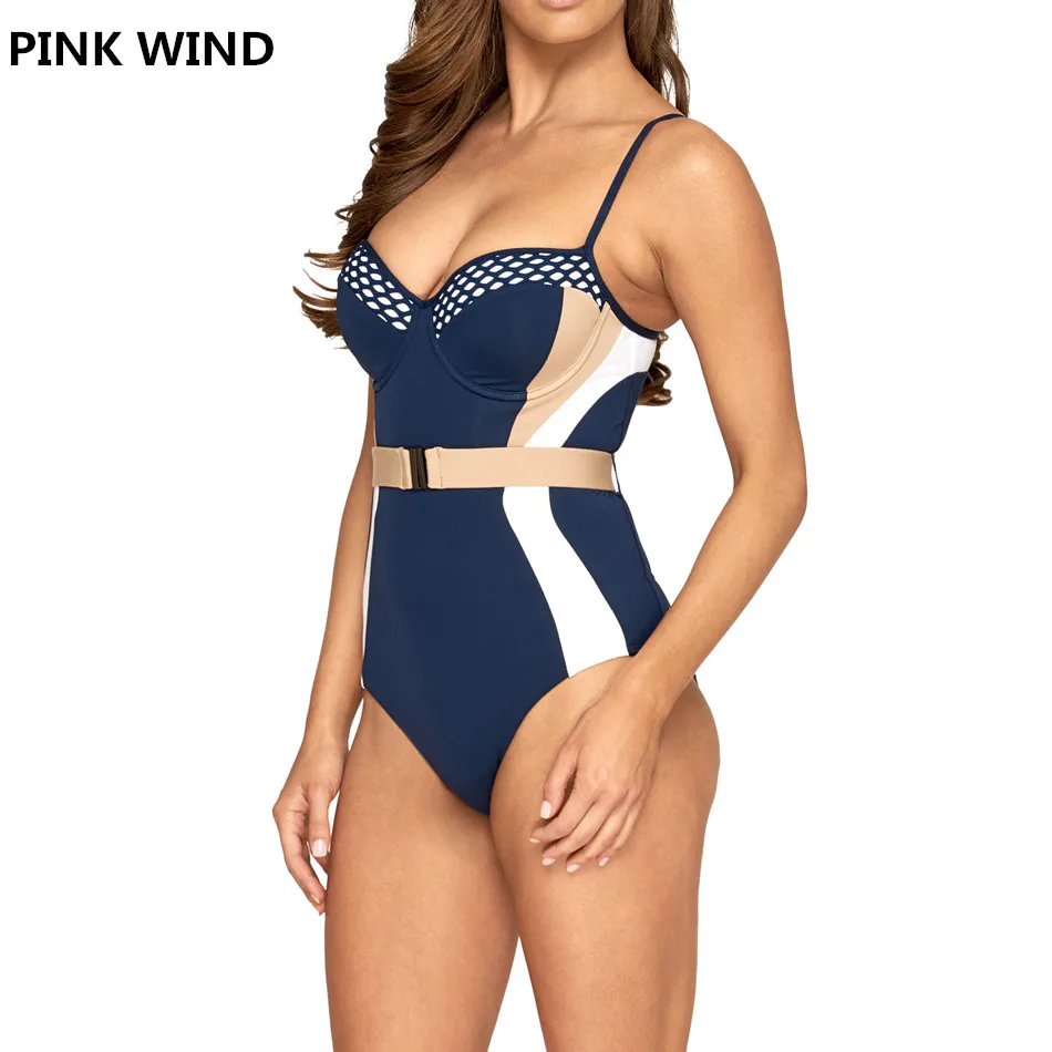 Купальник женский винтажный с пуш апом морской синий поясом|one-piece suit|swimwear