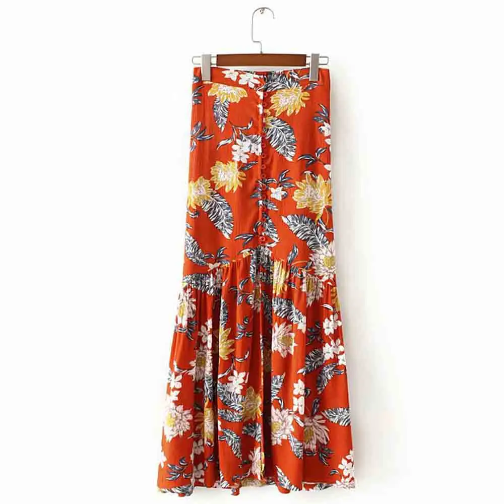 Богемная однобортная юбка с цветочным принтом на пуговицах и разрезом спереди