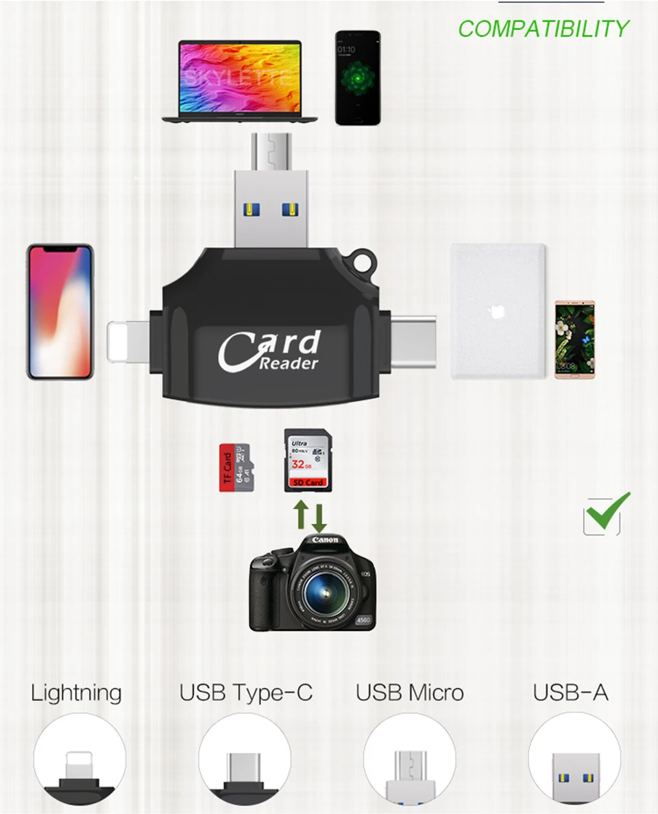 4 в 1 SD TF кард-ридер iOS type-C USB2.0 Android мульти-система совместимый адаптер портативный считыватель карт для iPhone samsung iPad