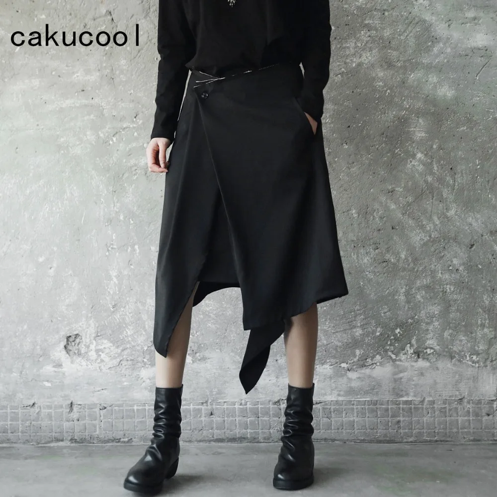 Cakucool Black Midi Skirt Summer Spring Asymmetric Design Skirts | Женская одежда