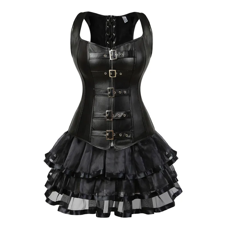 81043704black Стимпанк корсет на ремнях сексуальный женский корсет из искусственной кожи под грудь Бюстье платье Готический корсет Мини юбка пачка размера плюс красный - Цвет: 81043704black