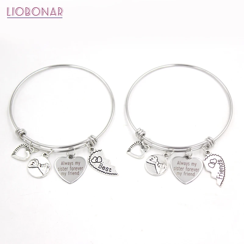 

Stainless Steel Jewelry Wire Bangle Always My Sister Forever My Friend Heart Friends Charm Bracelets Gifts