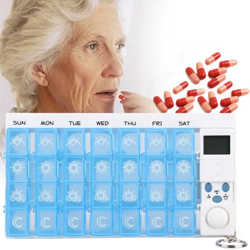 

28 Slots Weekly 7 Days Alarms Portable Pill Box display box Holder Nail Cases Organizer Splitters With Reminder Timer
