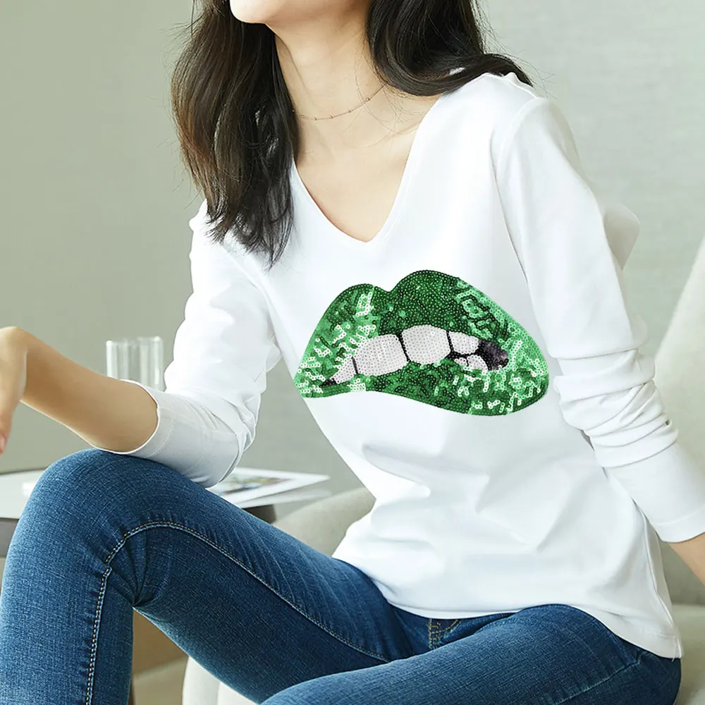 Новый 2021 Мода с вышитым пайетками рисунком в виде губ для женщин футболки туника