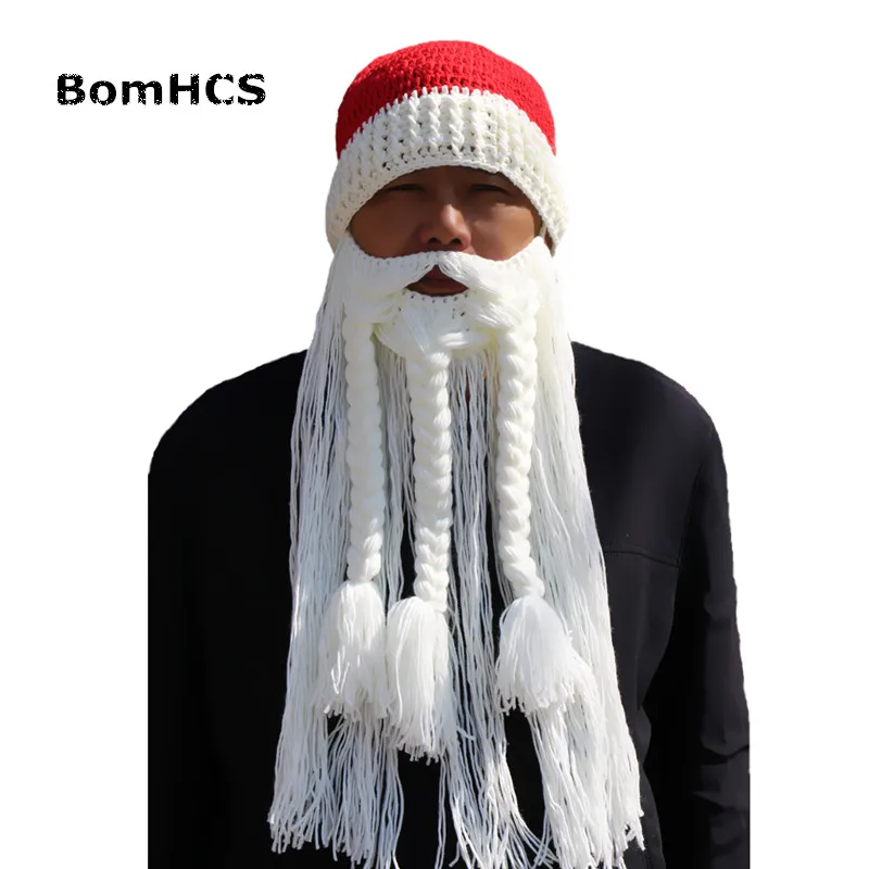 BomHCS Funny Santa Claus Hat and Big Beard 100% Handmade Winter Knitted Beanie Cap Cool Christmas Gift